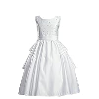White Satin Sleeveless Communion Dress with Cummerbund and Accented with Pearls