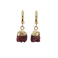 Excuisite Natural Ruby Rough Gemstone Earrings | Ruby Dangle Earrings | Hoop Earrings | Gold Plated Jewelry | Wedding Gift | Gift For Her | 143809N, 8-10 MM, Brass, Ruby