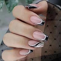 24PCS Black French Tip Press on Nails Medium Length Square Fake Nails with Silver Glitter Line Designs Glossy Coffin Nails Full Cover Nail Tips Glue on Nails Artificial Acrylic False Nails for Women