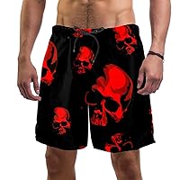 Red Horror Skull Print Quick Dry Swim Trunks Men's Swimwear Bathing Suit Board Shorts with Pocket, L