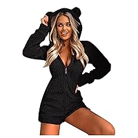 Women's Cartoon Bear Onesies Pajamas Sleepwear Cute Ears Fuzzy Warm Sherpa Fleece Thermal Hooded Romper One Piece Zipper Short Sexy V Neck Cosplay Jumpsuit Playsuit PJS(B Black XL)