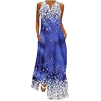 Elegant Sleeveless V Neck Maxi Dress Women Fashion High Waist Beach Tank Dress Summer Tropical Sundress with Pockets