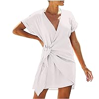 Summer Wrap Dress for Women Casual Solid Tie Front Cover Up V Neck Short Sleeve Sexy Short Mini Dress