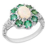 Solid 925 Sterling Silver Natural Opal, Emerald Womens Cluster Ring - Sizes 4 to 12 Available