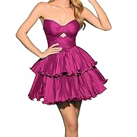 Strapless Homcoming Dress for Teens Glitter Satin Short Formal Prom Dress Sweetheart Neck Cocktail Party Gown Rose Red US26W
