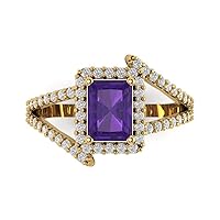 2.2 Emerald Cut Solitaire W/Accent Halo Criss Cross Natural Purple Amethyst Anniversary Promise Bridal ring 18K Yellow Gold