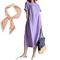 Japanese Style Linen Cotton Dress, Womens Solid Color Round Neck Long Sleeves Casual Dress with Pockets