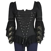 (XS or SM) - Augustine - Black Ribbed Corset Gothic Steampunk Lace Sleeve Top