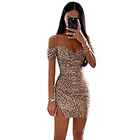Off Shoulder Sequin Homecoming Dresses for Teens & Juniors Sparkly Short Prom Cocktail Gowns with Slit R066