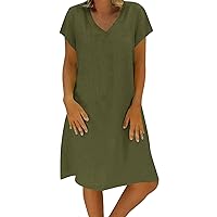 Summer Dresses for Women 2024 Casual Linen Beach Dress Vacation Solid Short Sleeve V Neck Mini Dress Fashion Spring