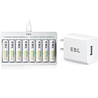 EBL Rechargeable AA Batteries 2800mAh 8 Pack and 8-Bay AA AAA Individual Rechargeable Battery Charger with 5V 2A Wall Charger