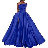Women Spaghetti Strap Ball Gown Built-in Bra Satin Evening Swing Dresses with Slit A-Line Formal Prom Maxi Gowns