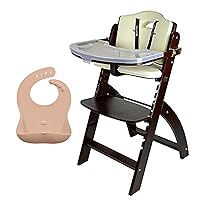 Abiie Beyond Junior Mahogany Wood/Cream Cushion Convertible 3-in-1 Wooden High Chairs for 6 Months to 250 lbs, and Ruby Wrapp Apricot Waterproof Silicone Bibs with Front Pocket - Baby Essentials