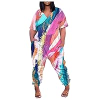 Overalls for Women Plus Size Casual V Neck Short Sleeve Jumpsuits Gradient Printed Baggy Long Rompers with Pockets