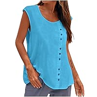Women Summer Cotton Linen Tank Tops Casual Button Down Sleeveless Tunic Shirts Plus Size Crewneck Loose Fit Blouse