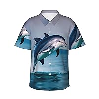 Cute Dolphin Men's Casual Button-Down Hawaiian Shirts â€“ Funky Tropical Summer Outfits â€“ Retro Printed Beach Wear for Men