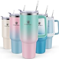 40 oz Tumbler with Handle and Straw Lid, 100% Leak-proof Travel Coffee Mug, Stainless Steel Insulated Cup for Hot Cold Beverages, Keeps Cold for 34Hrs or Hot for 10Hrs, Dishwasher Safe (GreenPink)