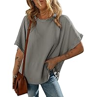 Dokotoo Women's Casual Oversized Short Sleeve Solid Color Loose Texture Knit Tunic Tops Blouses