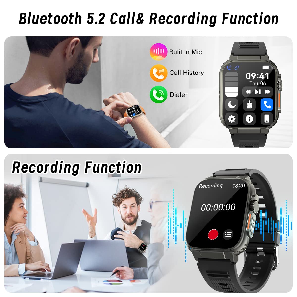 WalkerFit M2 Music Mens Smart Watch for Android Phones iphone Compatible,Reloj Inteligente with Blood Pressure,1.96
