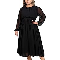Trendy Chiffon Midi Dress for Women Elegant Formal Long Sleeve A Line Dress Casual Plus Size Ruched Flowy Dress