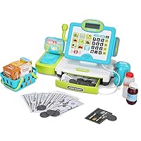 Pretend Play Calculator Cash Register Toy as Preschool Gift for Kids, Classic Count Toy with Sound, Microphone, Scanner, Pretend Credit Card, Play Food for Boys & Girls,45 Pieces, Ages 3 4 5 6 7