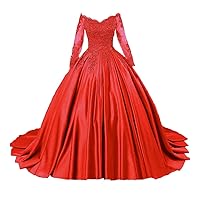 YINGJIABride Gorgeous Satin Quinceanera Ball Prom Dresses with Off Shoulder Long Sleeve