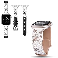 Wearlizer Compatible with Apple Watch Band 41mm 40mm 38mm Women, Chain Leather Band + Two-Tone Flower Soft Silicone Band(Black/Silver+White/Nude