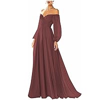 Women's Long Sleeve Prom Dresses V-Neck Pleated A Line Chiffon Off The Shoulder Ball Gown Long Wedding Dress Formal Burgundy