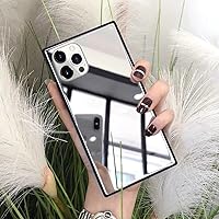 LUVI Compatible with iPhone 15 Pro Max Square Mirror Case for Women Girls Makeup Cute Luxury Glossy Glass Mirror Back Design with Silicone Bumper Slim Thin Fashion Protective Shockproof Cover Silver