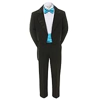 7pcs Boys Black Suit Tuxedo Tail Turquoise Blue Bow Tie Cummerbund (S-20)