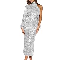 Women's Solid Sequin Zipper Dress Long Sleeve Button Scarf Cocktail Split Party Dress Plus Size Fall Dresses for