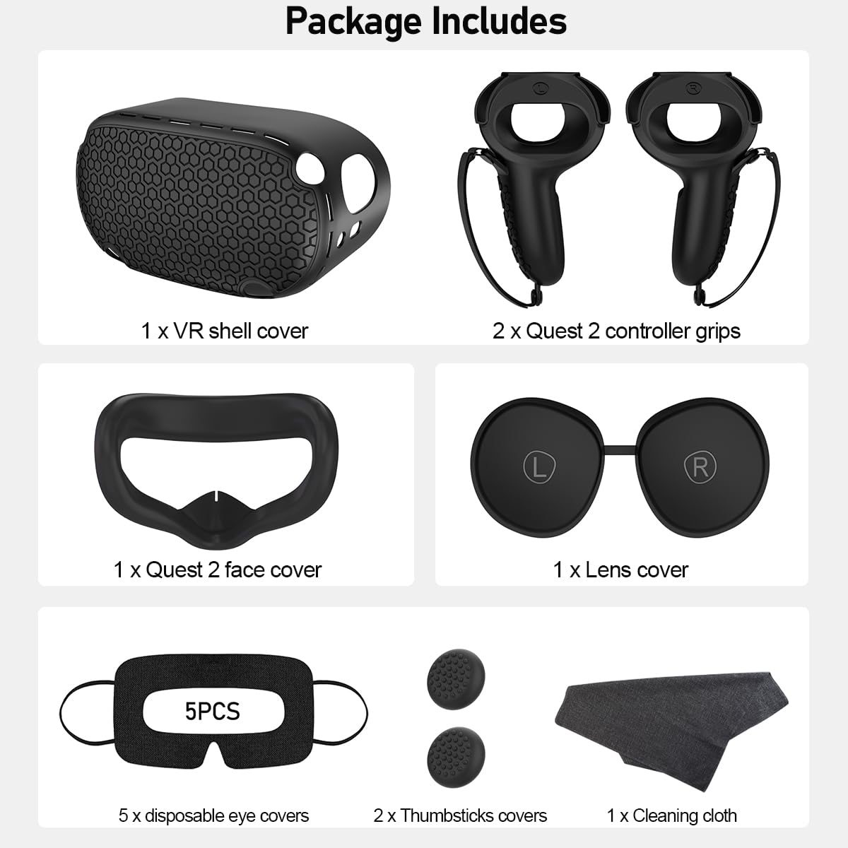 for Oculus Quest 2 Accessories Face Cushion Cover for Quest 2 Contorller Grips Lens Cover VR Silicone Covers VR Shell Cover Thumbsticks Covers for Meta Quest 2 Disposable Eye Cover 5pcs (Black)