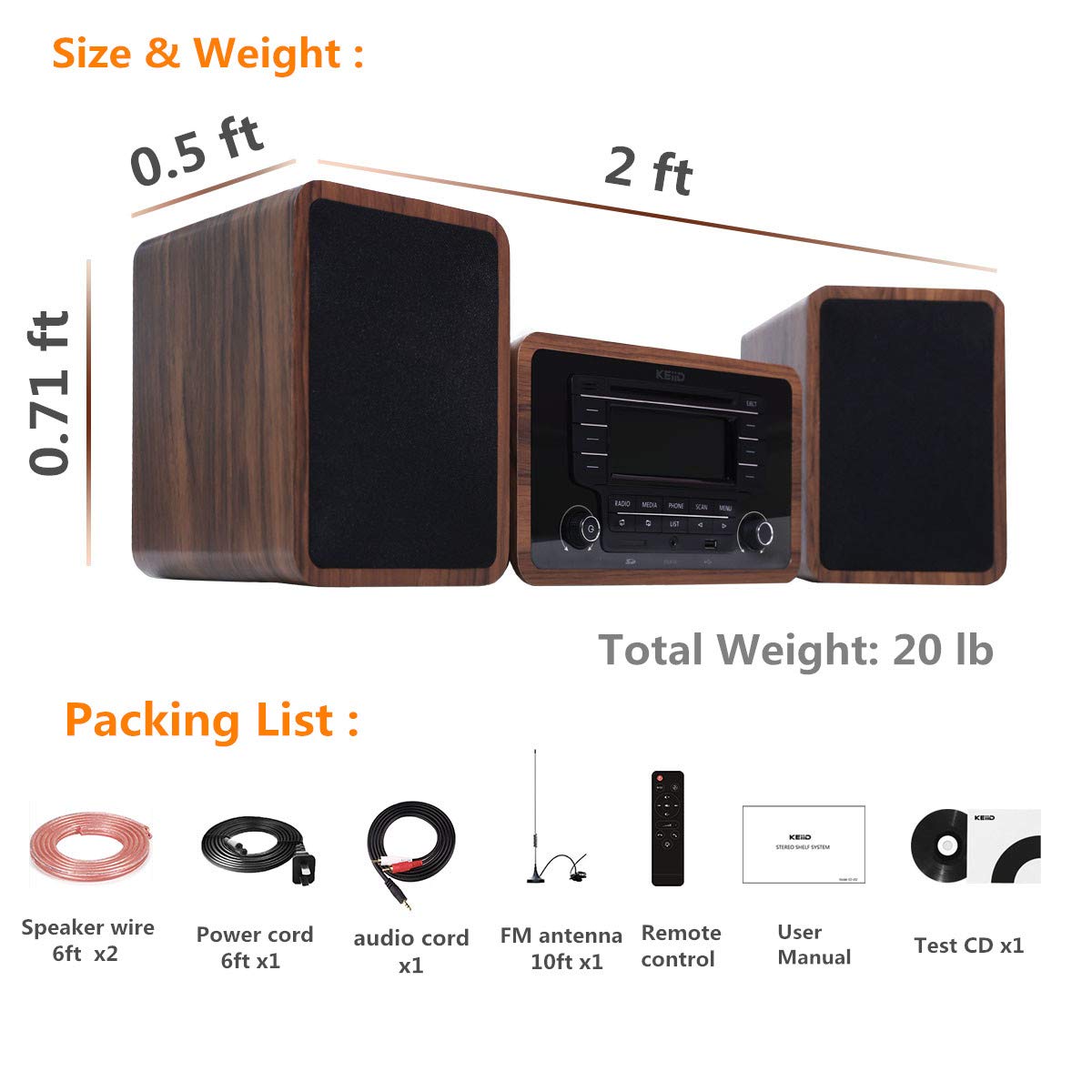 KEiiD Stereo Shelf System Powered with Bookshelf Speakers RMS 2X 25W for Home Audio Entertainment with CD Player and Bluetooth / FM Radio / USB / SD / AUX,Remote Control