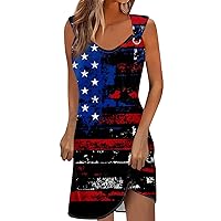 Womens Fourth of July Dress 4th of July Dress for Women America Flag Print Sexy Vintage Fashion with Sleeveless Round Neck Splice Dresses Wine Medium