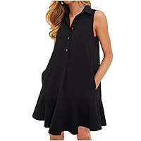 Women‘s Sleeveless Shirt Dress Ruffle Hem Cotton Tunic Tank Dress Button Up Swing Shift Mini Dresses