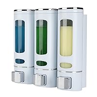Shampoo Dispensers for Shower Wall Mounted Soap Dispenser 3 Chambers Conditioner Body Wash Dispenser Set Clear with Glue(or Wall Mounted by Screws)，3 Chambers，White