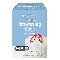 Amazon Basics Tall Kitchen Drawstring Trash Bags, Clean Fresh Scent, 13 Gallon, 80 Count