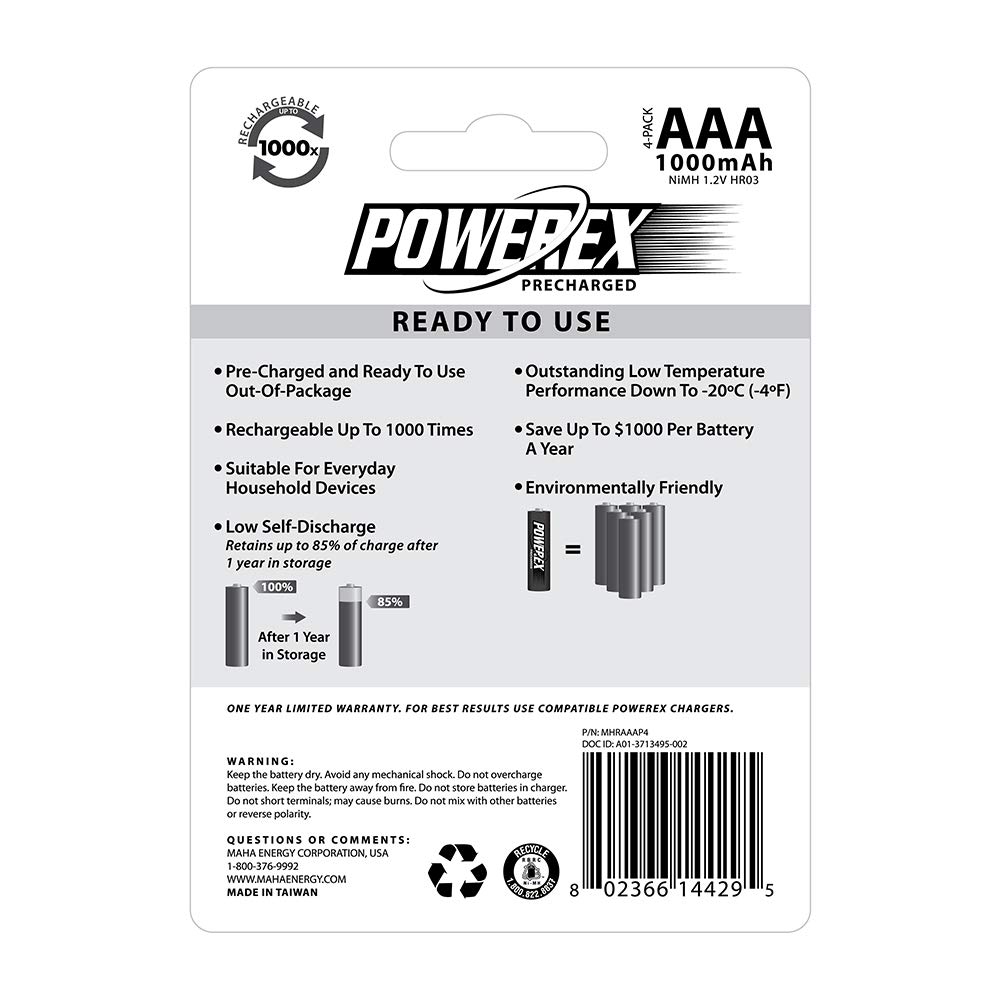 Powerex Precharged Rechargeable AAA NiMH Batteries (1.2V, 1000mAh, Low Self-Discharge) - 4-Pack