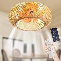 Bamboo Lampshade Ceiling Fan with Lighting and Remote Control Quiet Fan Ceiling Light 6 Gang Reversible Ceiling Lamp Rattan Lightswing Pendant Lamp Rattan Bedroom Lamp Living Room Kitchen