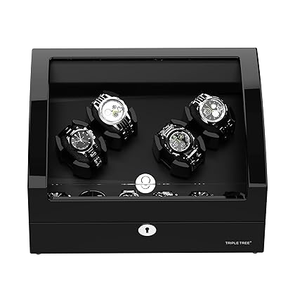 TRIPLE TREE Watch Winder for 4 Automatic Watches, with Extra 6 Watch Storages, Wood Shell Piano Finish, Silent Motor, Flexible Watch Pillow