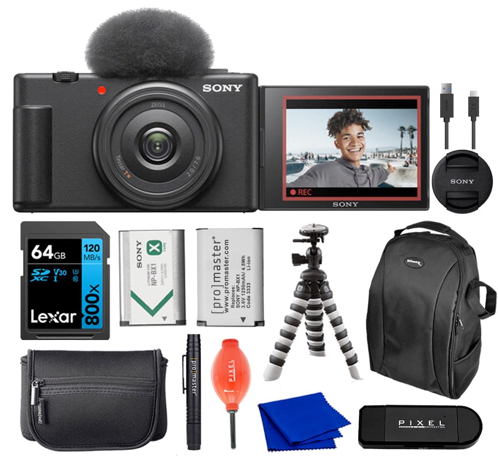 Sony ZV-1F Vlogging Camera (Black) Bundle with Backpack, Flexible Tripod & 64GB SD Card & More
