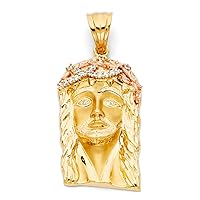 14k Yellow Gold and White Gold CZ Cubic Zirconia Simulated Diamond Religious Faith Inspiration Jesus Christ Head Pendant Necklace 30x60mm Jewelry for Women