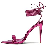 GENSHUO Womens Stiletto High Heeled Sandals,Strappy Lace up Heels Metallic Pointy Open toe Tie up Heels Shoes