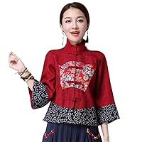 Cotton Linen Print Female Suit Chinese Tops Women Hanfu Jacket Slim Ethnic Style Stand Collar Blouse
