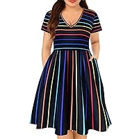 RITERA Plus Size Dress for Women Bacis Short Sleeve Colorful Stripes V Neck Elastic High Waist Casual Dress XL-5XL