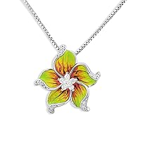 Rhodium Plated Sterlin Silver Hand Painted Enamel Womans Plumeria Flower Charm Necklace 18in