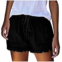 Women Drawstring Elastic Wasit Raw Hem Denim Shorts Summer Casual Loose Fit Fashion Solid Jean Shorts with Pockets