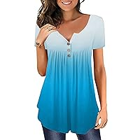 Tunic Tops to Wear with Leggings Hide Belly 2023 Short Sleeve Hide Belly Butterfly T Shirts Casual Button V-Neck Tunic Tops