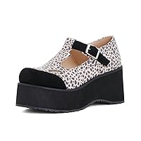 Women Platform Wedge Oxfords Pumps Round Toe Leopard Print Suede T-Strap Gothic Chunky Dress Shoes