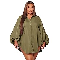 Verdusa Women's Plus Size Lantern Sleeve Loose Button Down Shirt Blouse Top